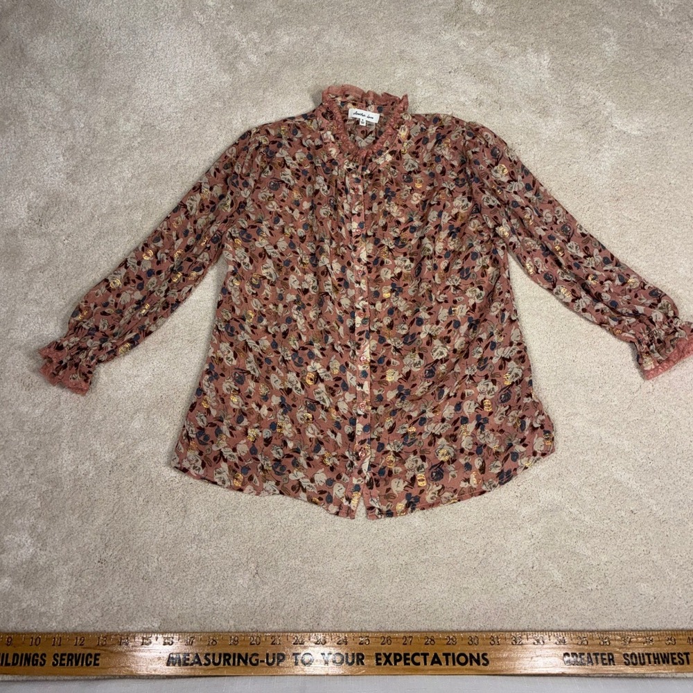 Another Love Mauve Floral Metallic Ruffle Lace Trim Blouse Top Small Pink Gold‎